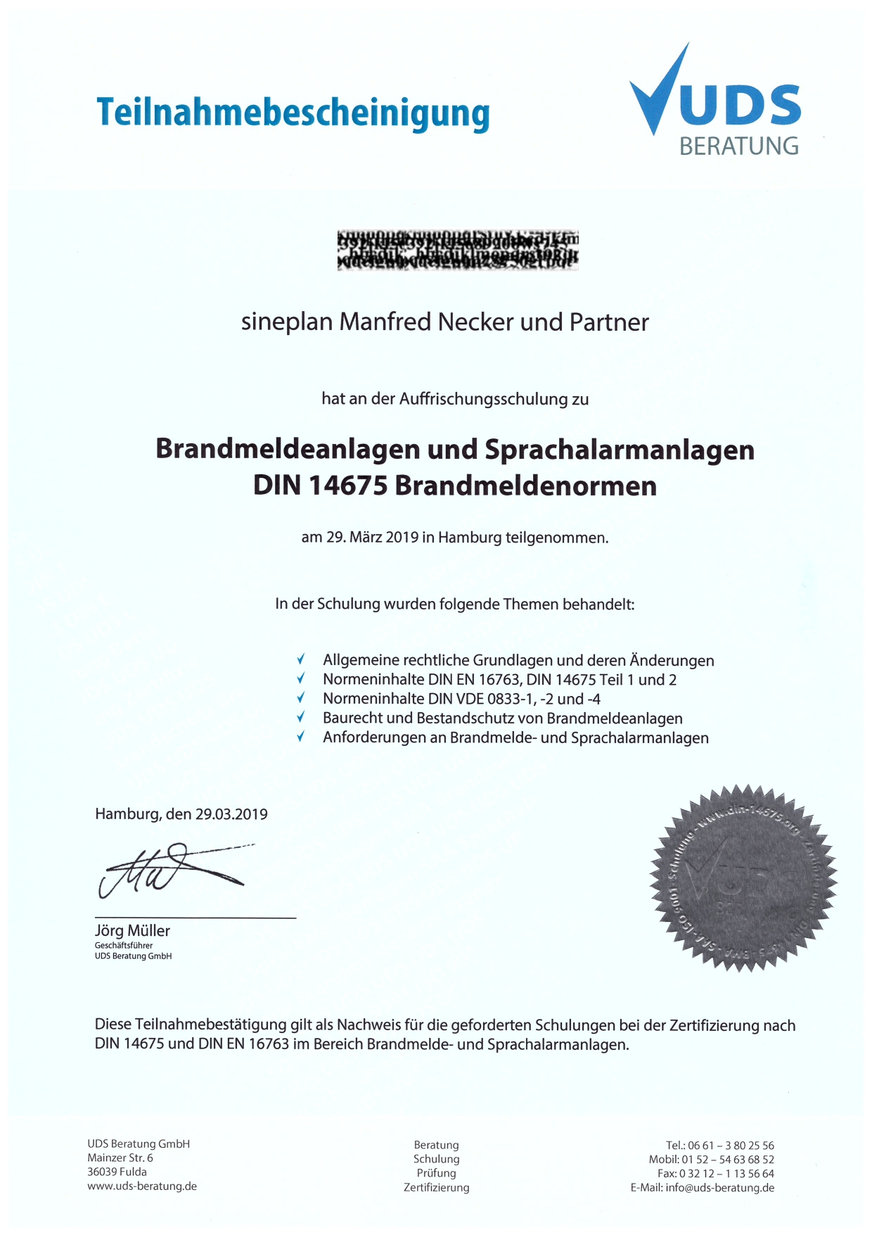 sineplan - Zertifikat UDS 2019 Brandmeldeanlagen und Sprachalarmanlagen